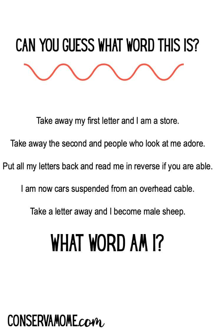 Who doesn't love a good brain teaser? Here's your chance to check out this fun riddle. Can you guess what word this is? Take away my first letter and I am a store. Take away the second and people who look at me adore. Put all my letters back and read me in reverse if you are able. I am now cars suspended from an overhead cable.Take a letter away and I become male sheep.What word am I?