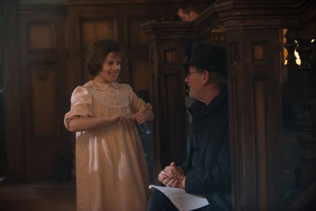 Director Steven Spielberg and Ruby Barnhill on the set of Disney's THE BFG, based on the best-sellling book by Roald Dahl.