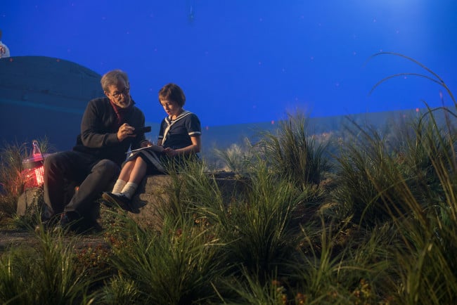 Director Steven Spielberg and Ruby Barnhill on the set of Disney's THE BFG, based on the best-sellling book by Roald Dahl.