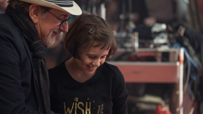 Director Steven Spielberg and Ruby Barnhill on the set of Disney's THE BFG, based on the best-sellling book by Roald Dahl.