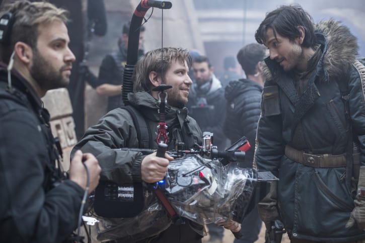 Rogue One: A Star Wars Story..L to R: Director Gareth Edwards and Diego Luna (Cassian Andor) on set. ..Ph: Jonathan Olley..© 2016 Lucasfilm Ltd. All Rights Reserved.