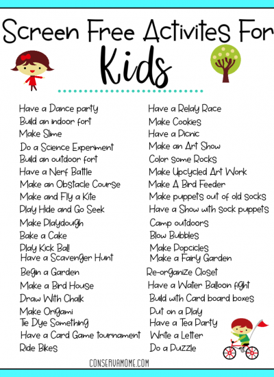Printable List of Screen Free Activities for kids