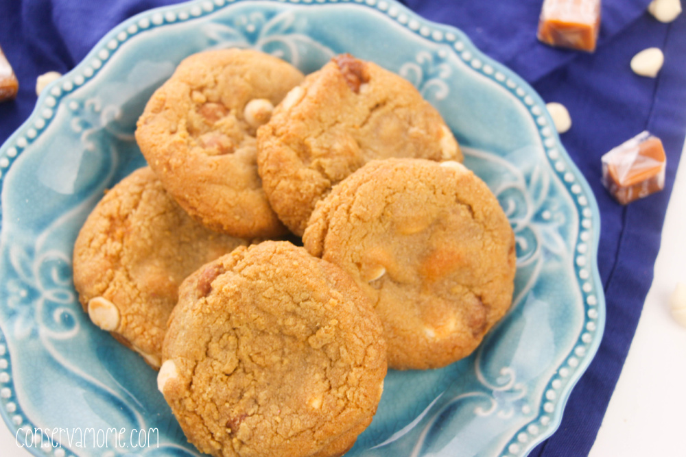 caramel stuffed white chocolate chip cookies