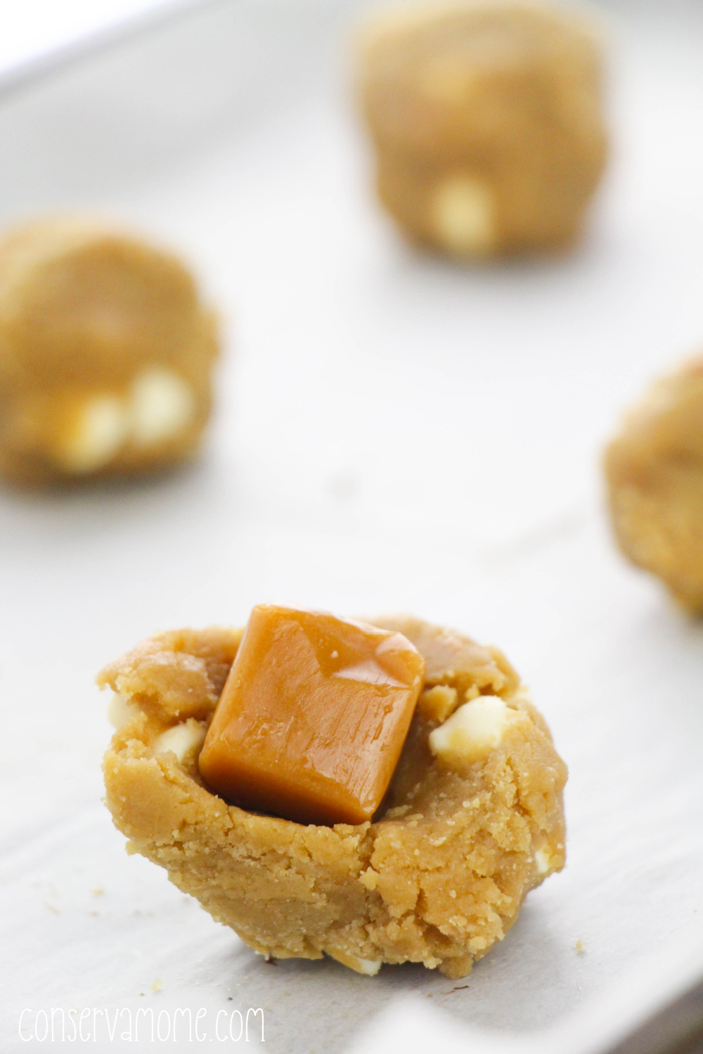 caramel stuffed white chocolate chip cookies