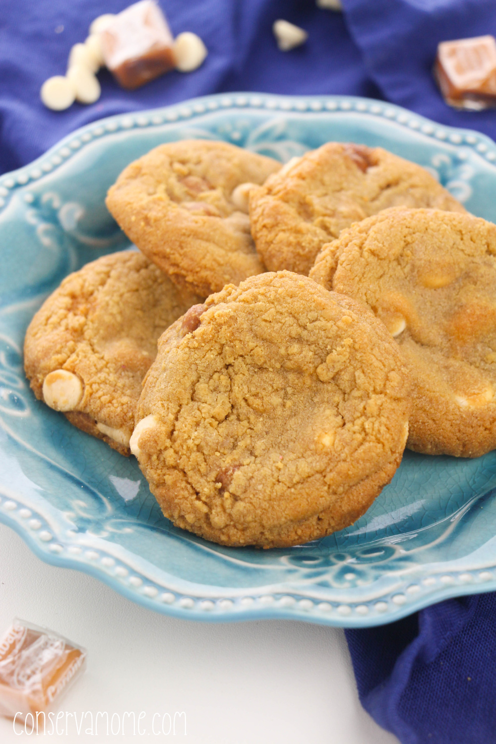 caramel stuffed white chocolate chip cookies