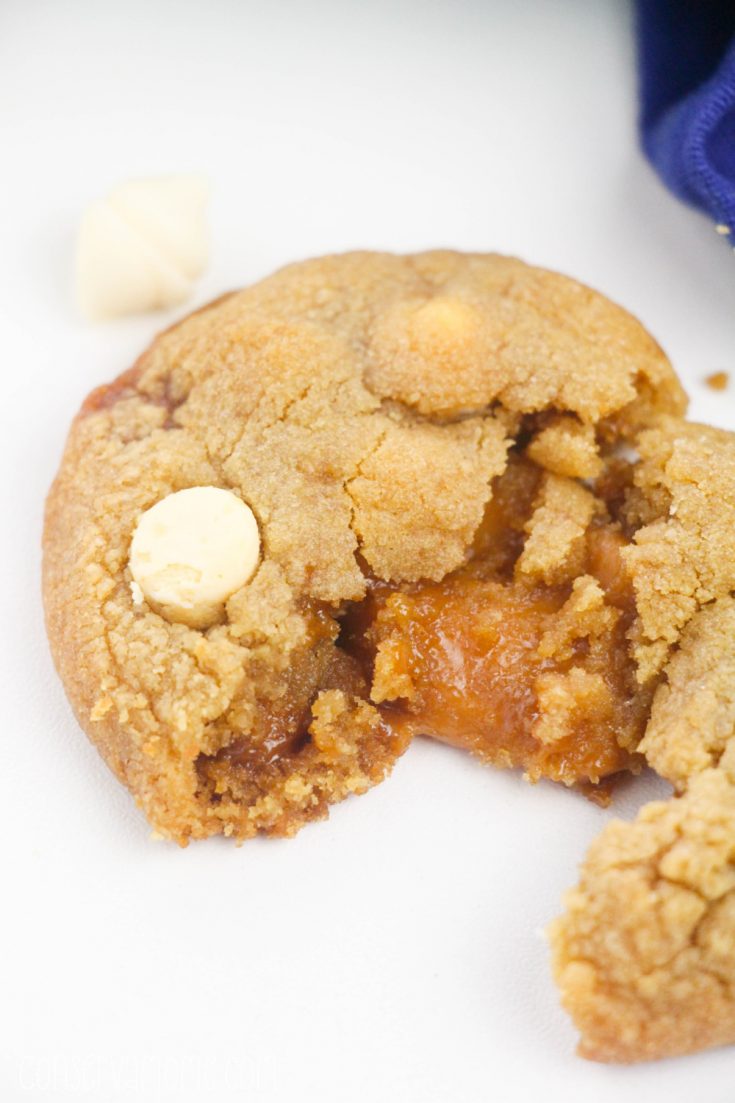 caramel stuffed white chocolate chip cookies