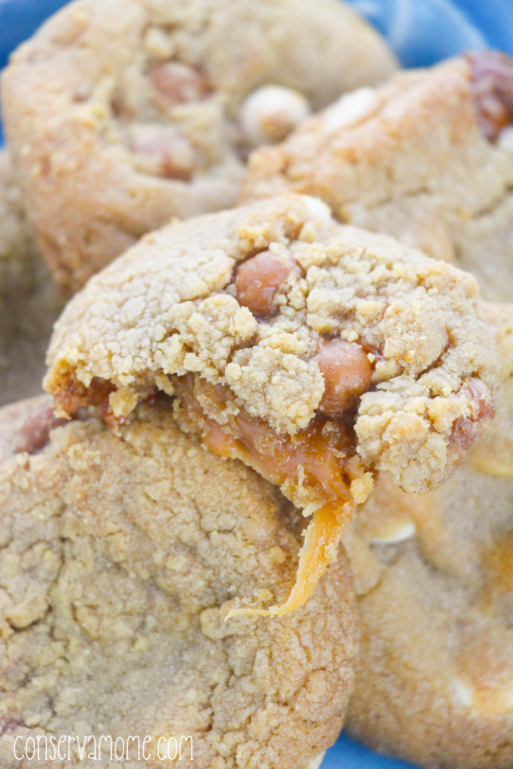 caramel stuffed white chocolate chip cookies