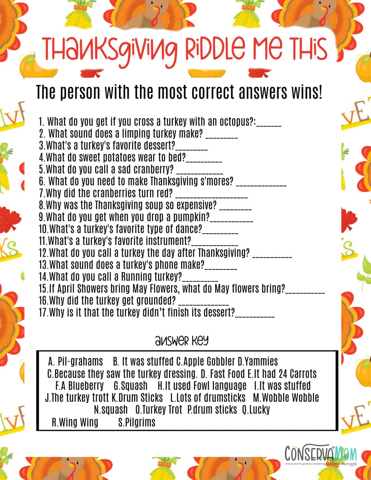 Thanksgiving Riddle Me This Printable - ConservaMom