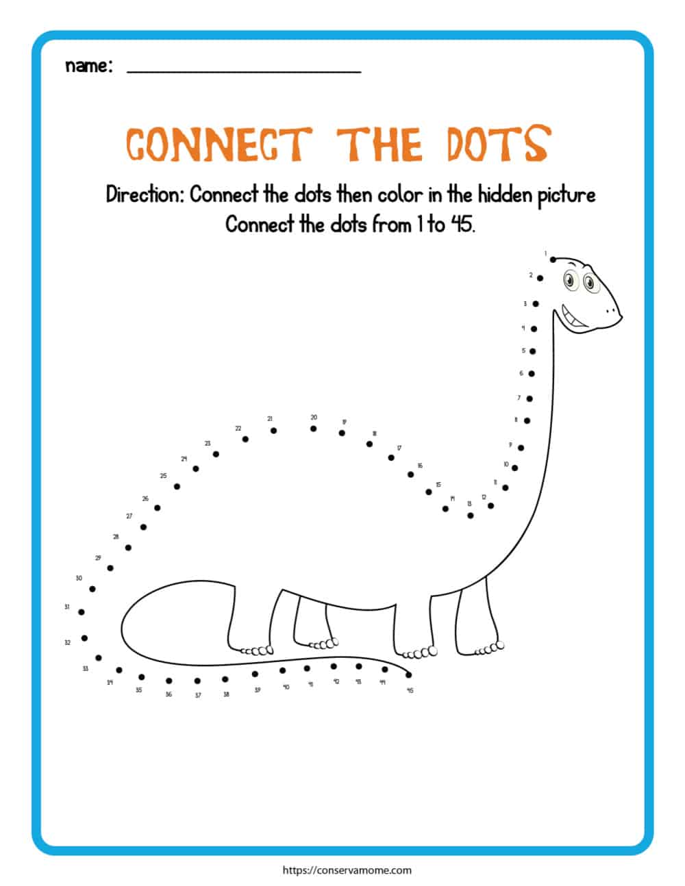 Dinosaur Connect the Dots free printable worksheet