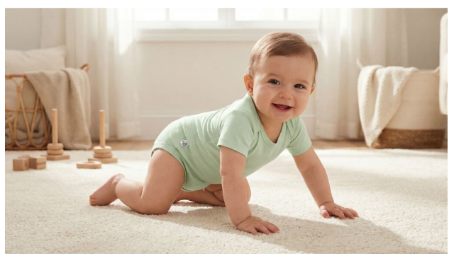 Smiling baby crawling comfortably on a soft carpet in a stretchy SwaddleAN bodysuit.